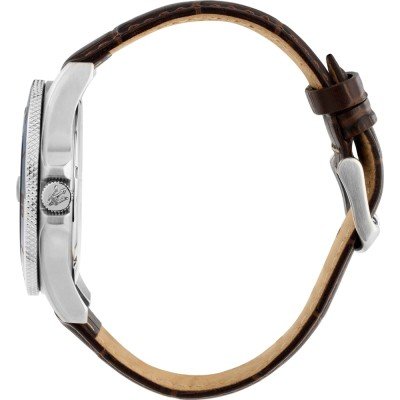 Side view of Maserati Competizione watch with stainless steel case and brown leather strap