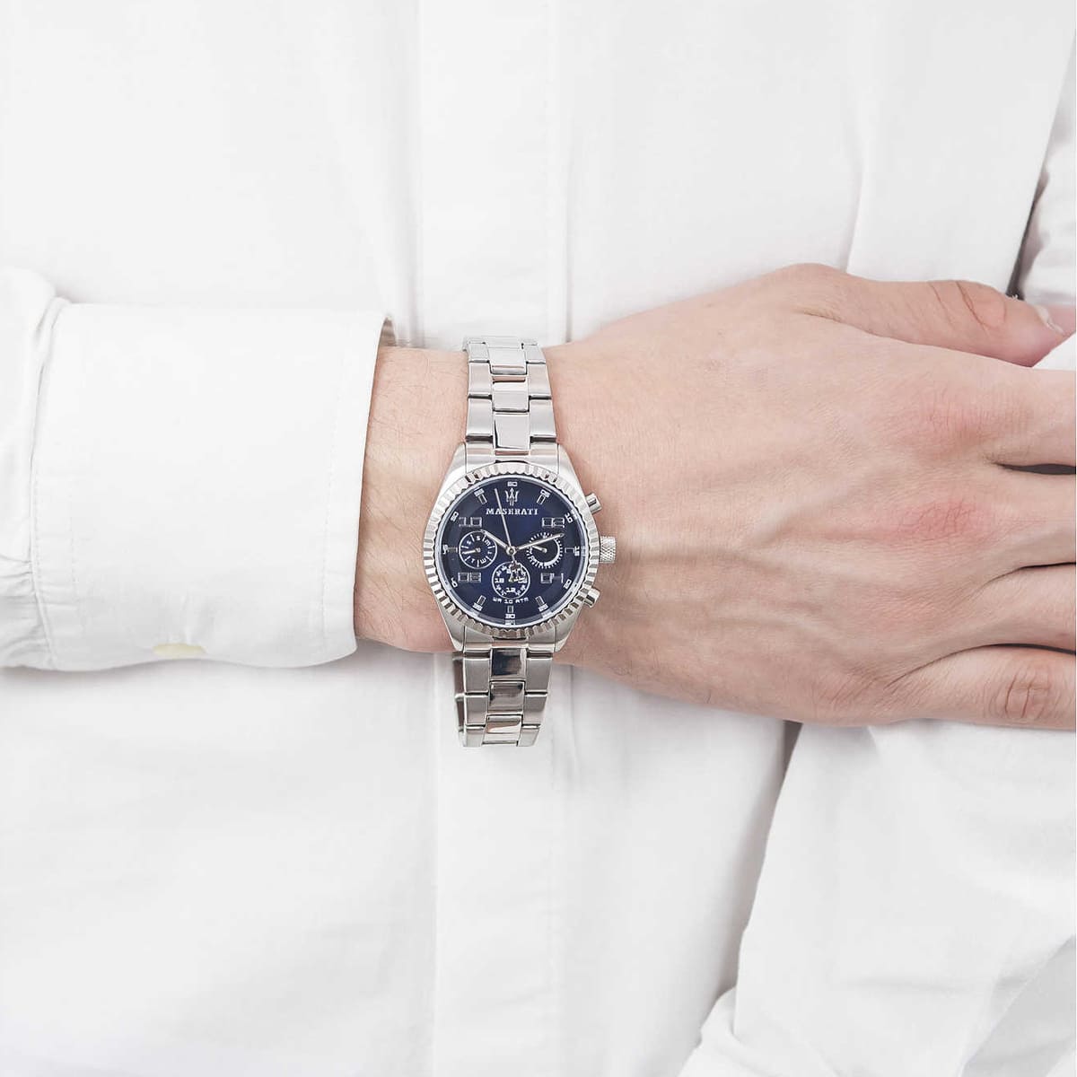 Maserati Competizione men's watch worn on wrist with stainless steel bracelet