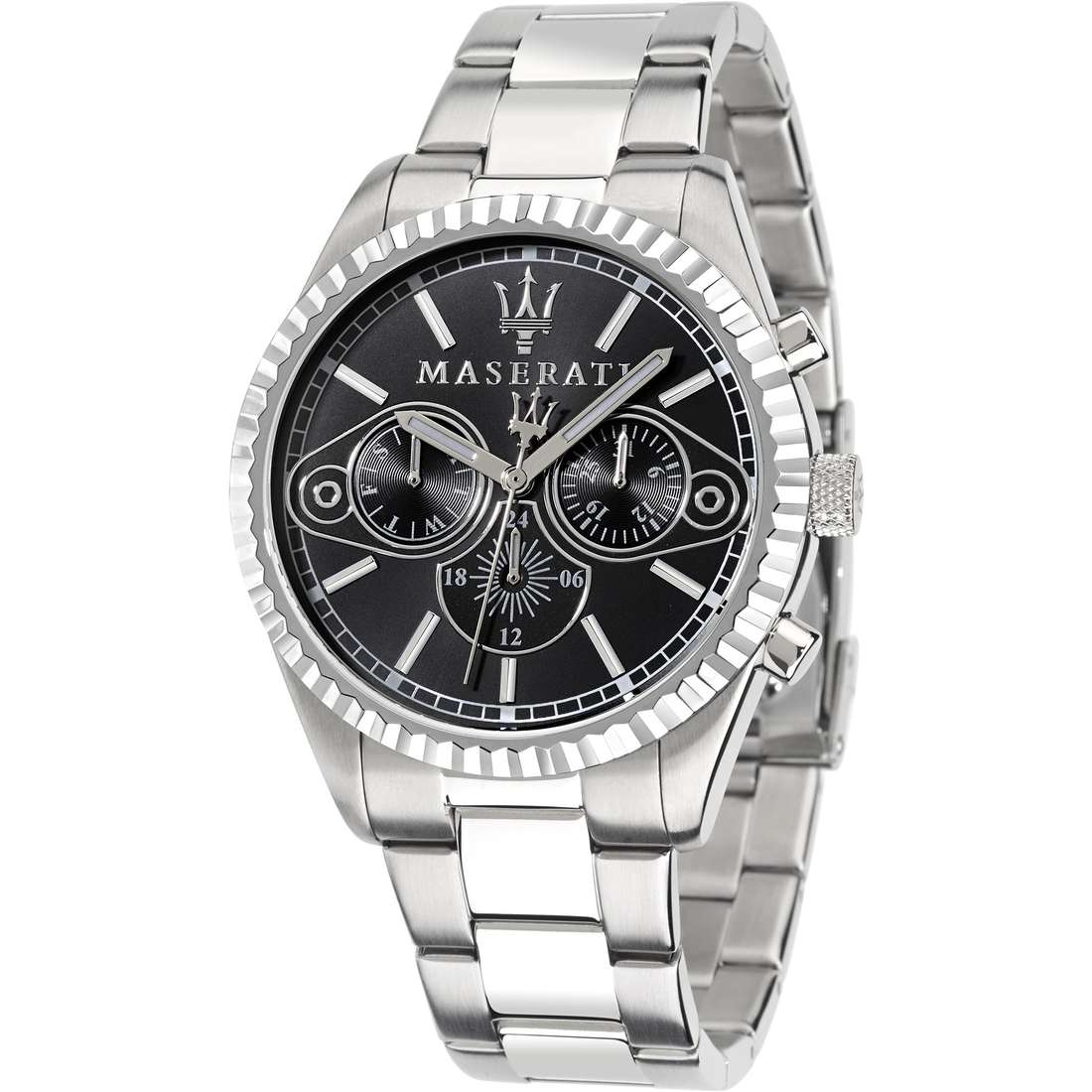 Maserati Competizione chronograph watch with black dial and stainless steel bracelet