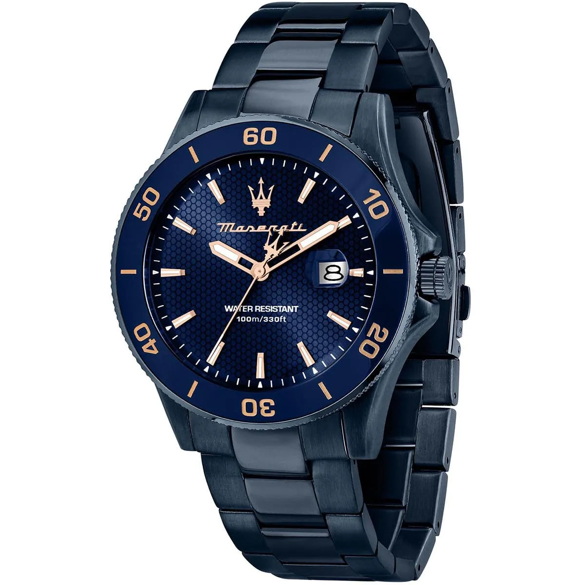 Maserati Competizione quartz watch blue dial with date window and steel band