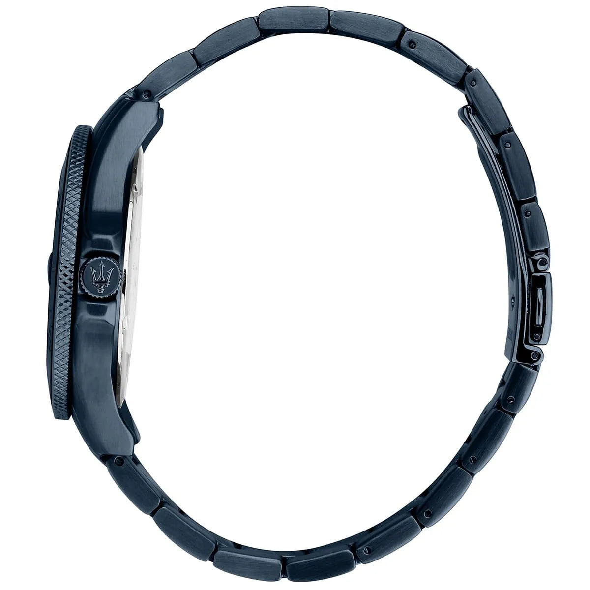 Maserati Competizione watch side profile displaying steel bracelet links