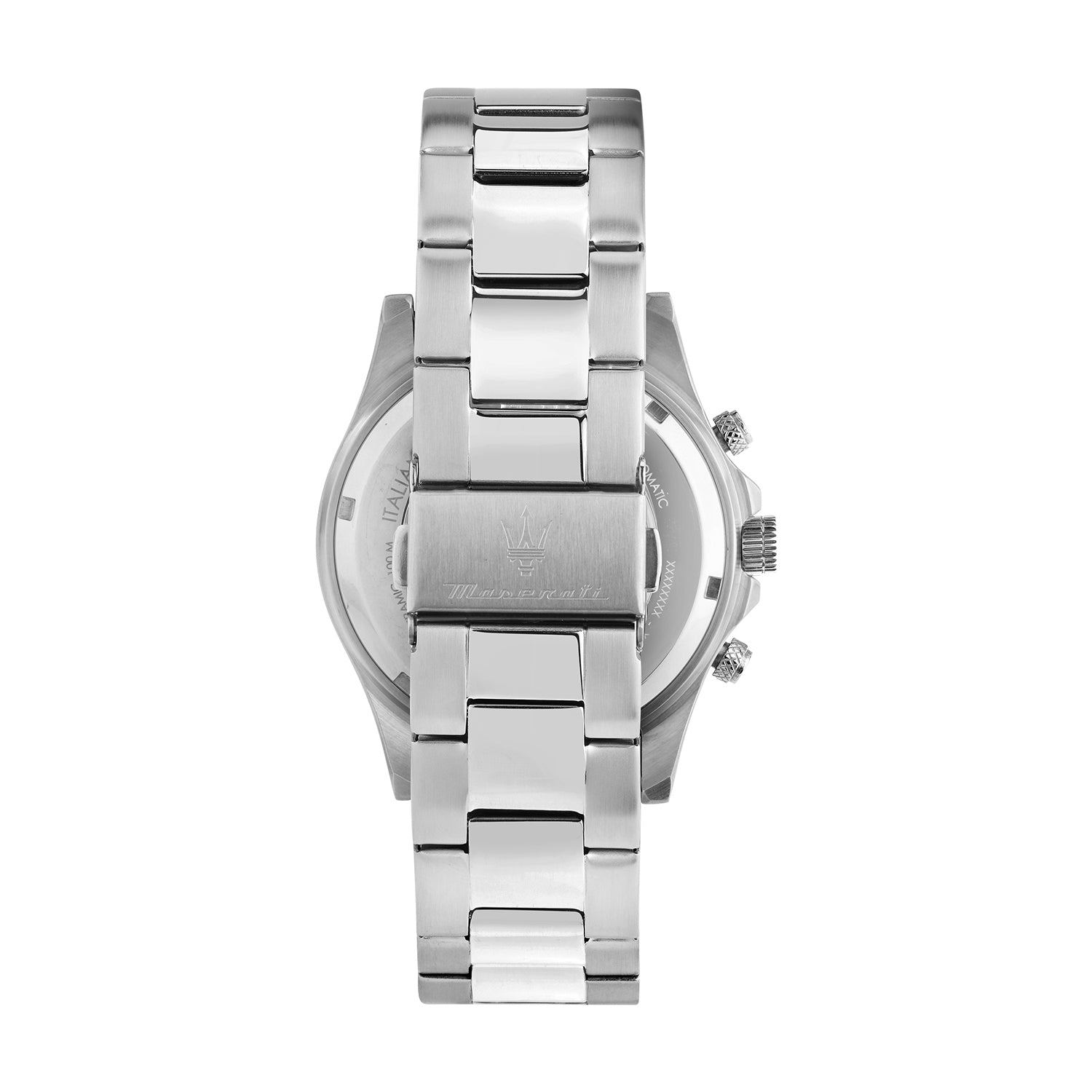 Caseback view of Maserati Competizione watch revealing movement and stainless steel construction