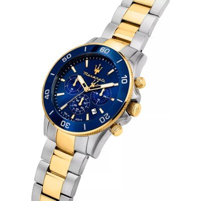 Angled view of Maserati Competizione chronograph showing blue dial and two-tone bracelet