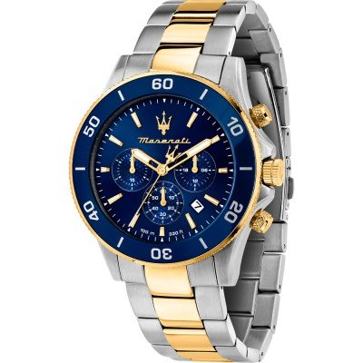Maserati Competizione chronograph with blue dial, two-tone silver and gold stainless steel case and bracelet