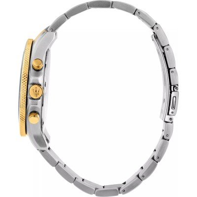 Side view of Maserati Competizione two-tone stainless steel bracelet with gold accents