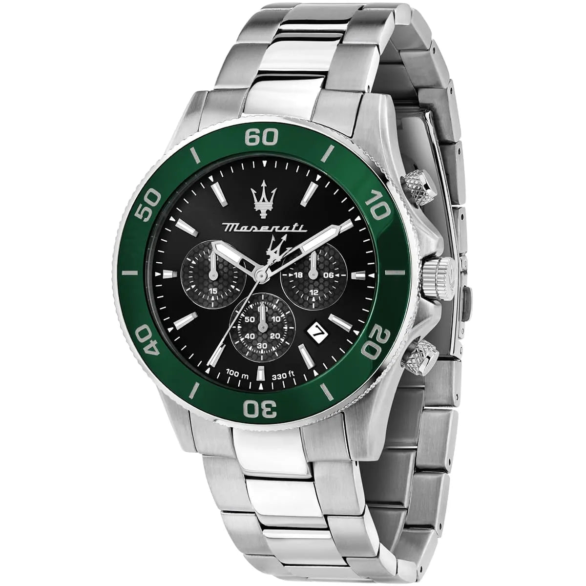 Maserati Competizione chronograph men's watch featuring black dial with green bezel and stainless steel bracelet