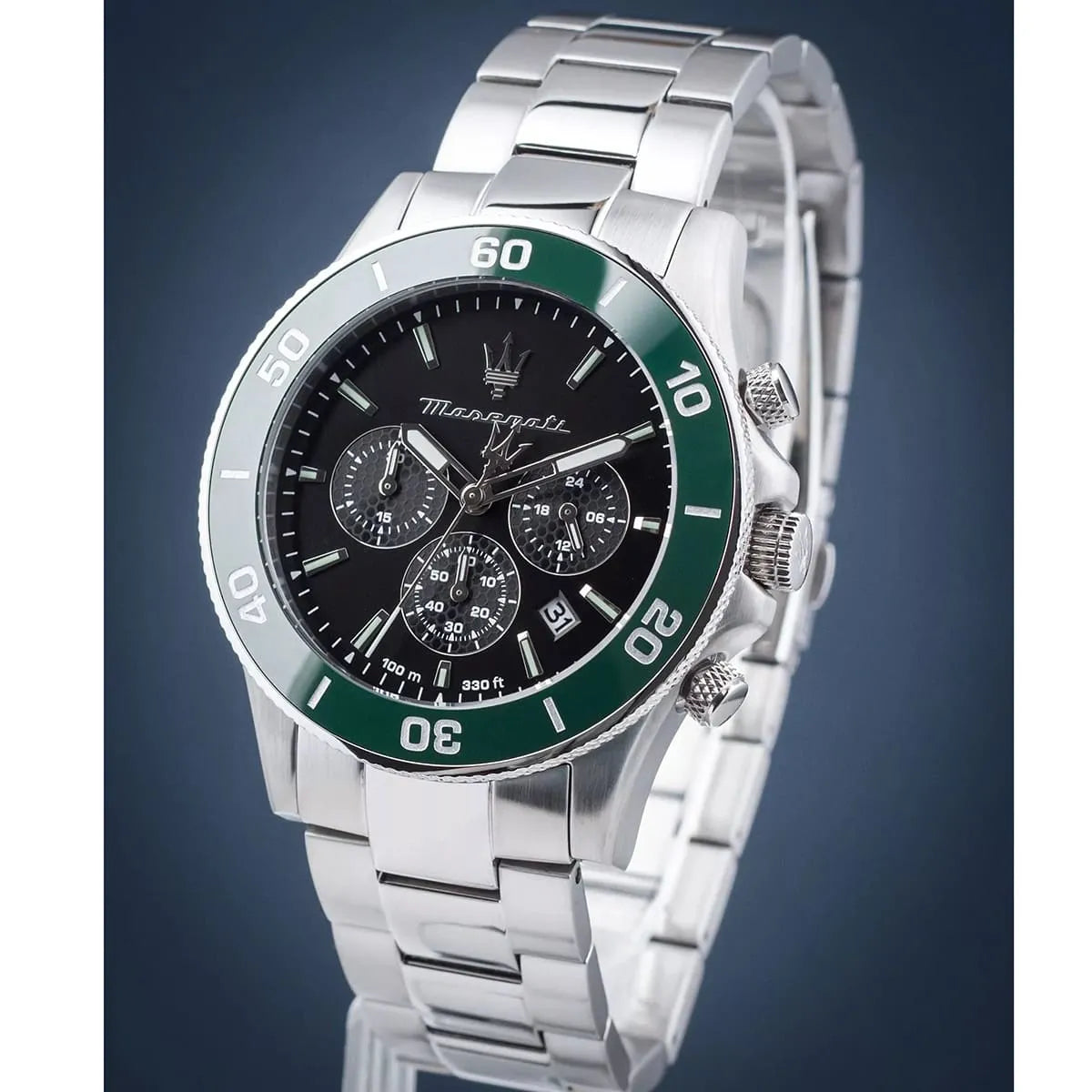 Maserati Competizione 43mm stainless steel chronograph with black dial and green rotating bezel