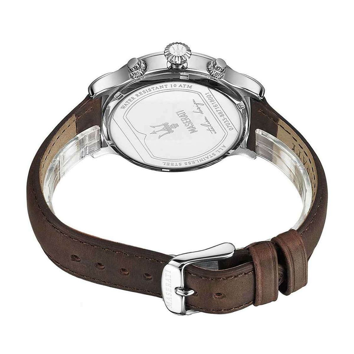 Maserati Epoca watch caseback showing engraved details and brown leather strap