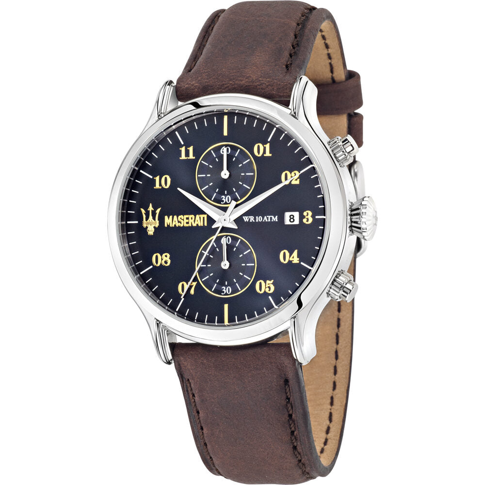 Maserati Epoca chronograph watch with blue dial, gold numerals, silver case, and brown leather strap