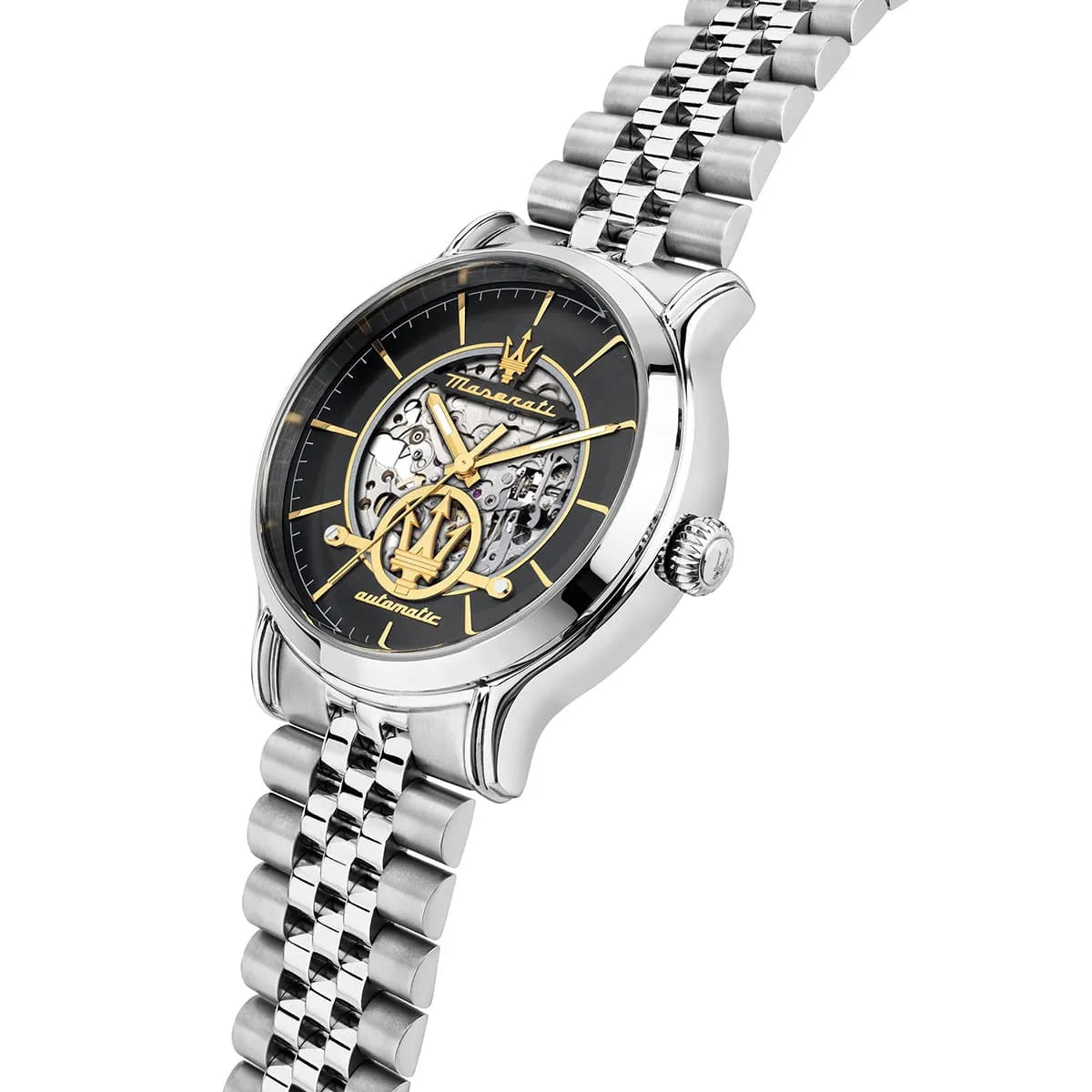 Maserati Epoca skeleton watch angled view showing dial and silver metal bracelet