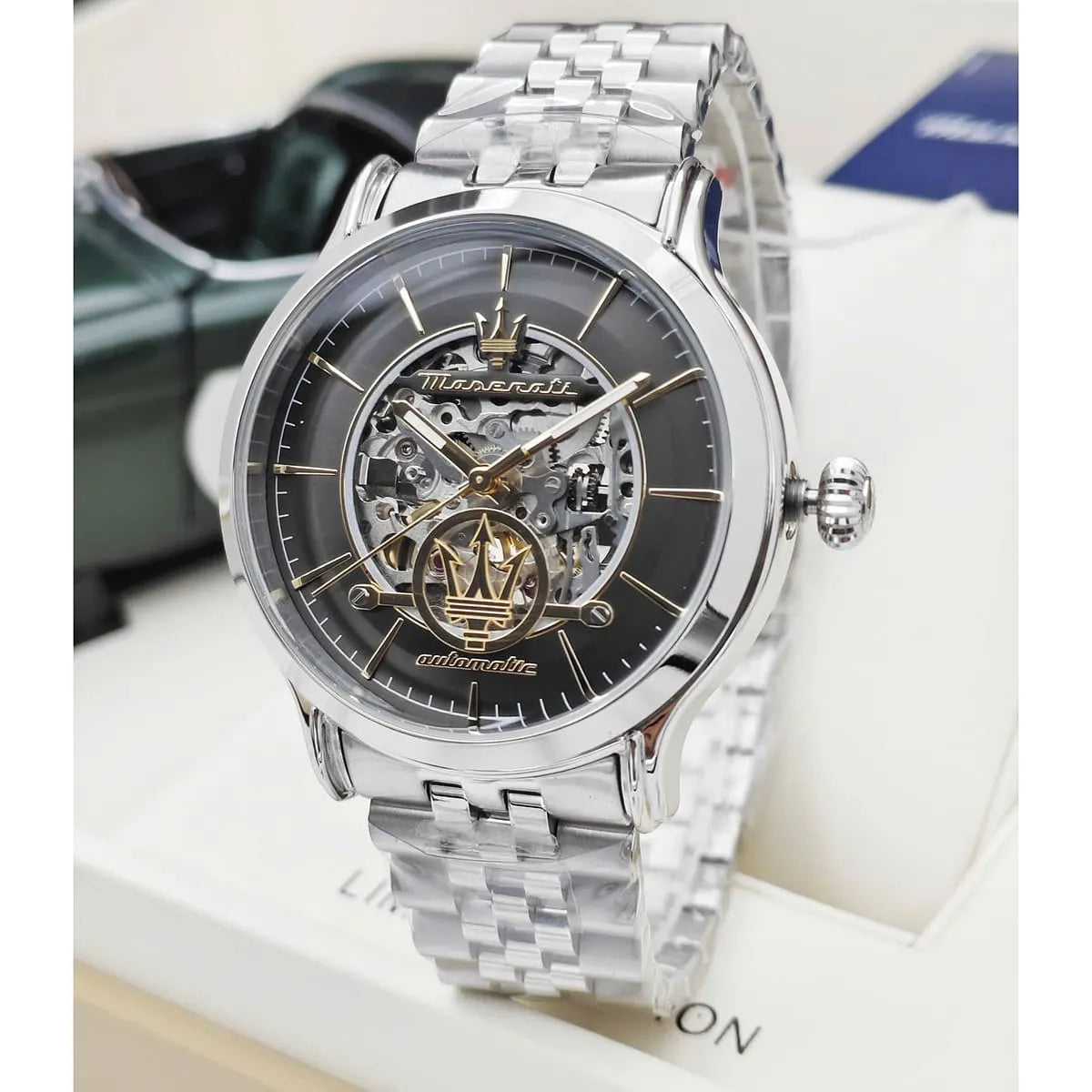 Maserati Epoca skeleton watch on product display surface