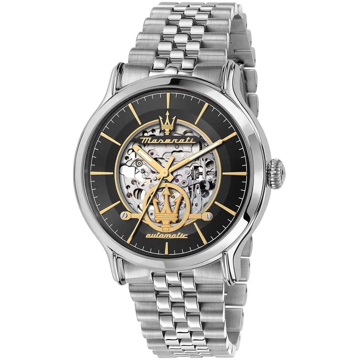 Maserati Epoca automatic skeleton watch black dial gold hands silver strap front view