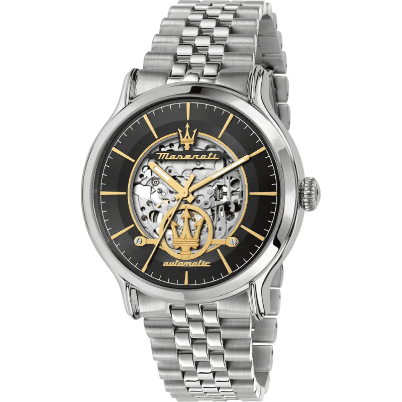 Maserati Epoca black dial skeleton watch with gold hands and silver stainless steel bracelet