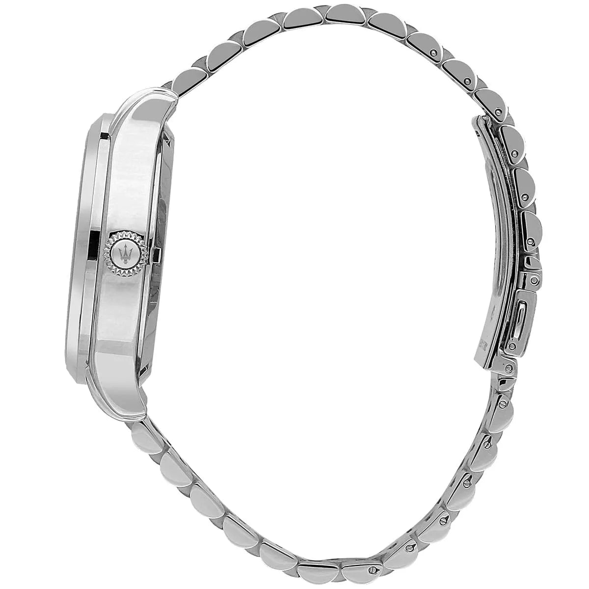 Maserati Epoca watch side profile view of stainless steel bracelet and case