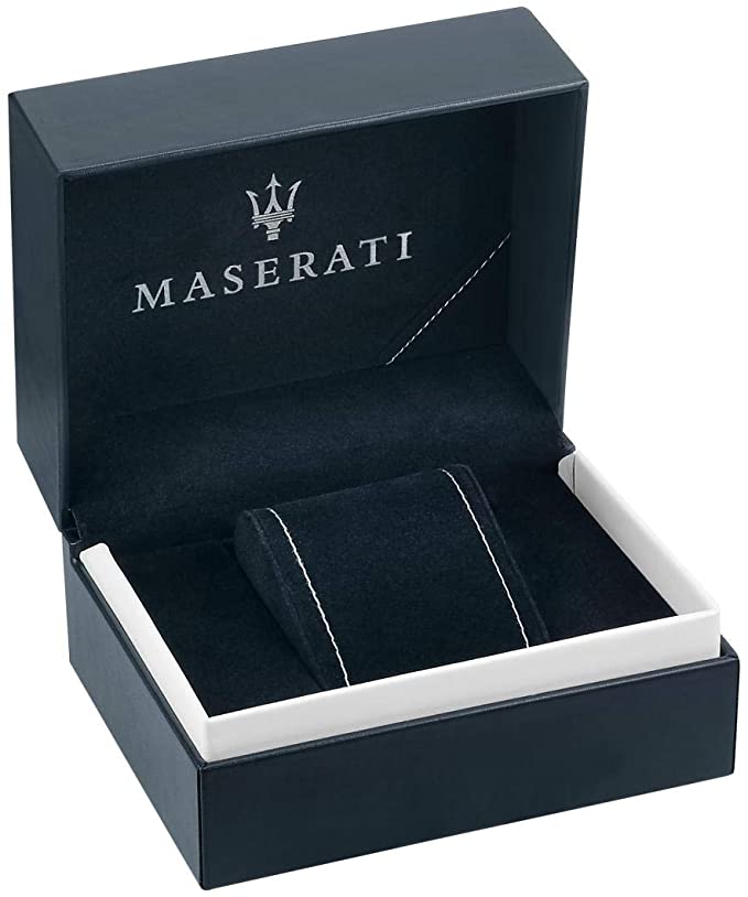 Maserati branded watch box with logo and blue velvet interior