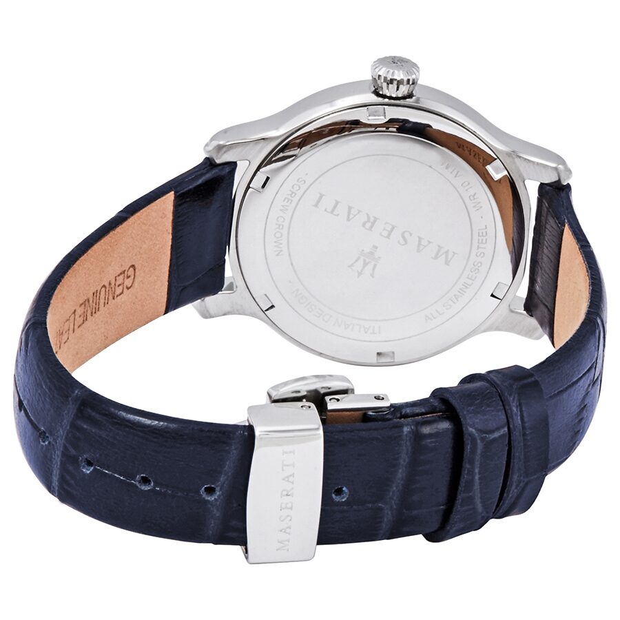 Maserati Epoca watch caseback showing engraved details and blue leather strap with fold clasp