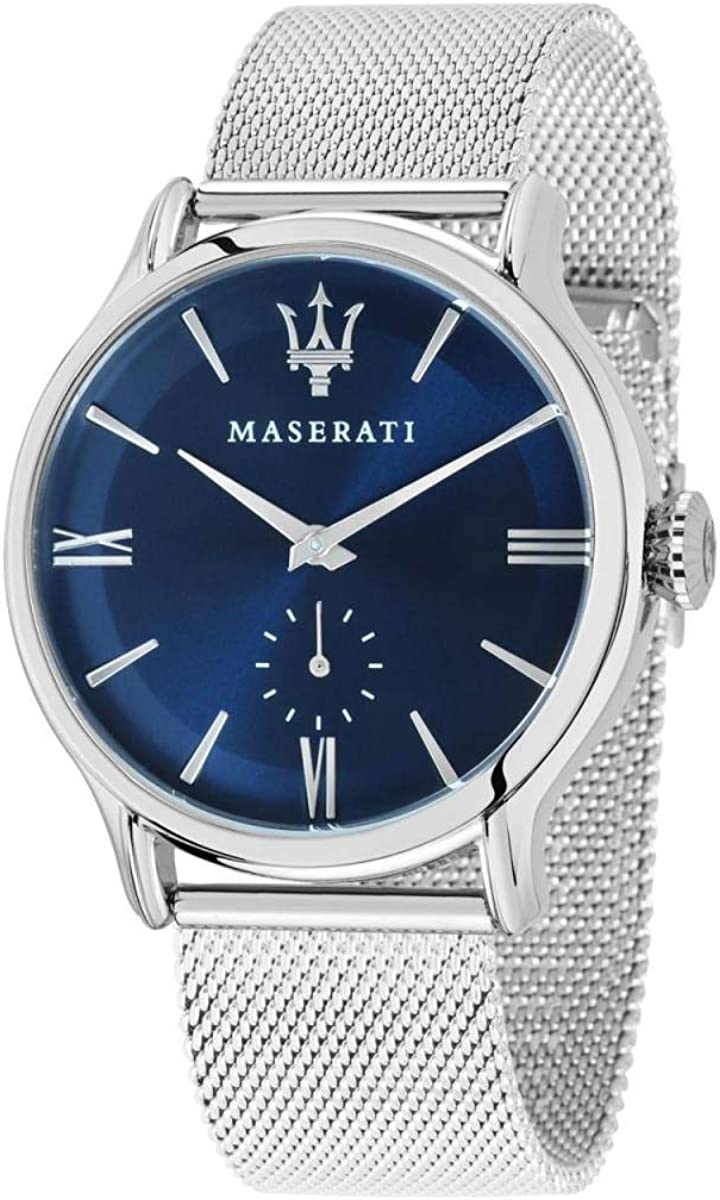 Maserati Epoca men's watch with blue dial, silver mesh strap, and Maserati trident logo