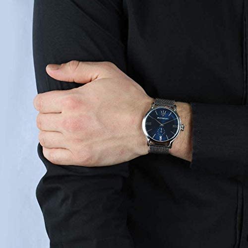 Maserati Epoca watch on wrist showing blue dial and mesh strap detail
