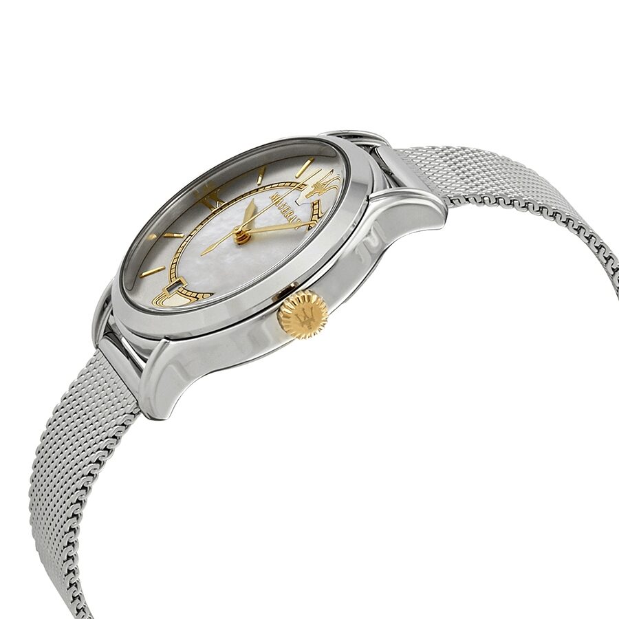 Maserati Epoca ladies watch angle view showing stainless steel case and silver mesh strap