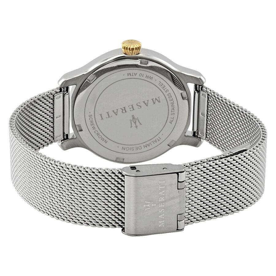Maserati Epoca ladies watch caseback showing stainless steel case back and mesh strap