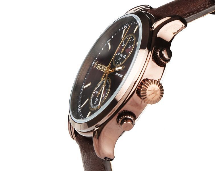 Maserati Epoca chronograph watch on-wrist showing rose gold case and brown leather strap side view