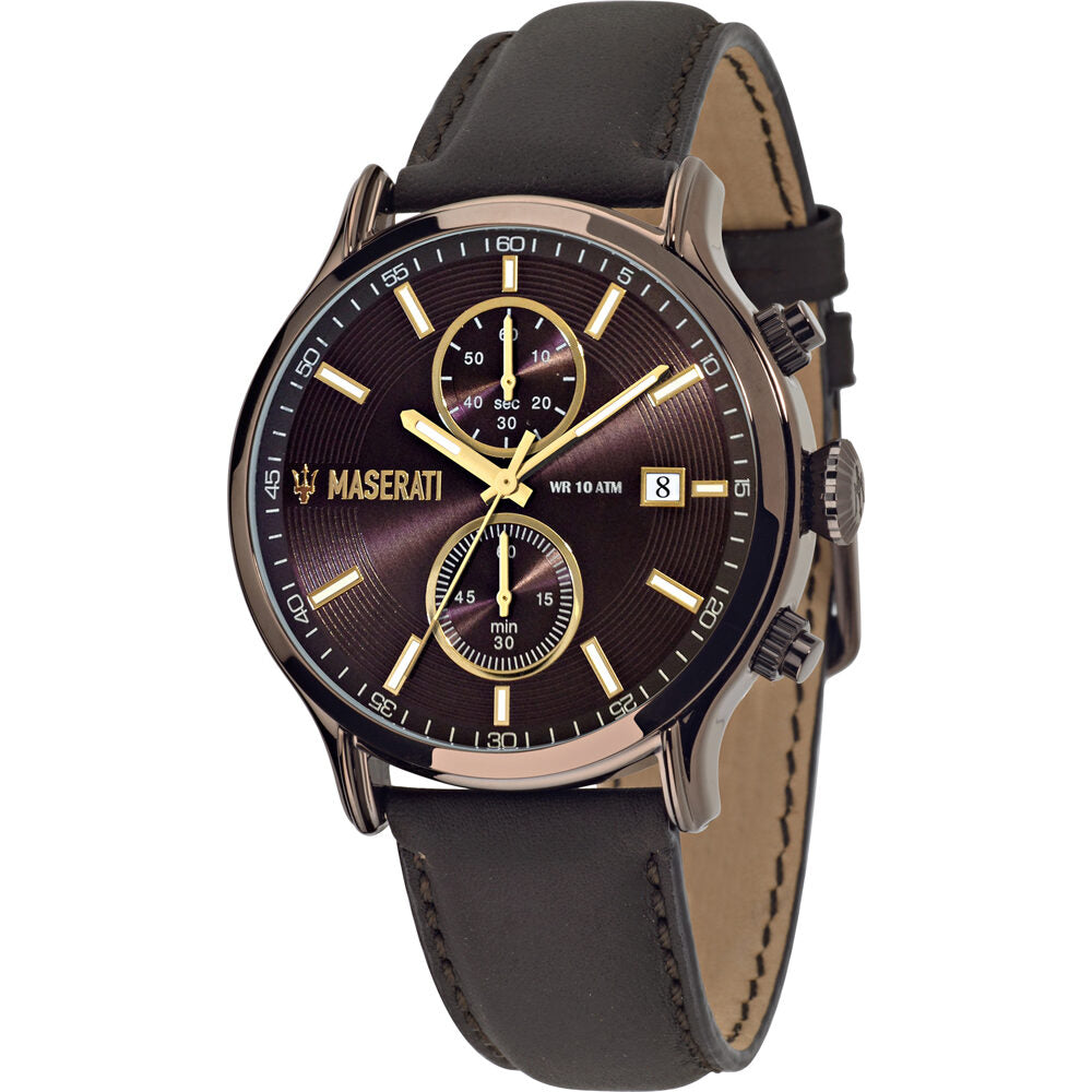 Maserati Epoca chronograph watch with brown dial, dual subdials, and gold accents
