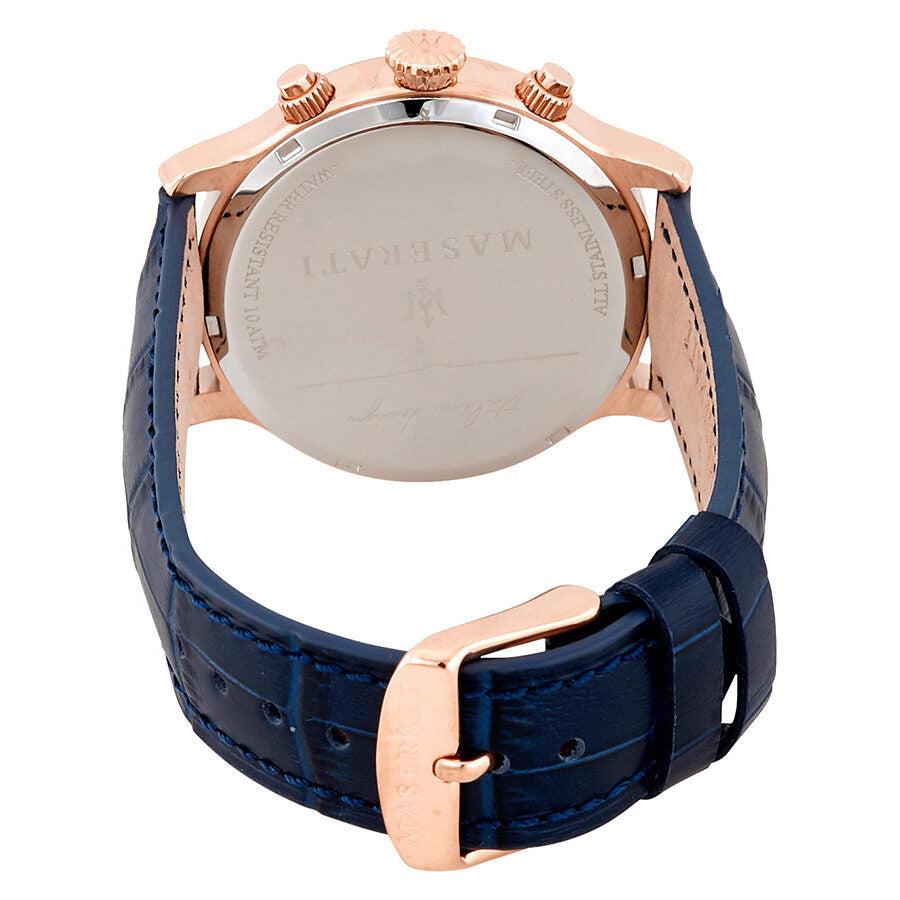 Maserati Epoca watch caseback showing rose gold case and blue leather strap