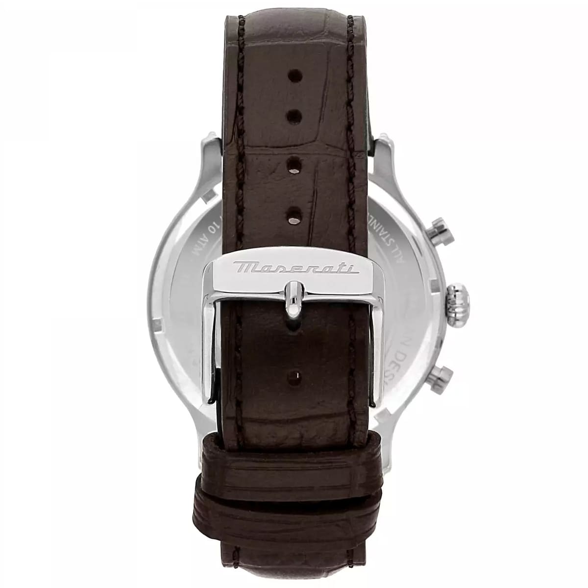 Maserati Epoca watch caseback showing brown leather strap with crocodile texture and detail stitching