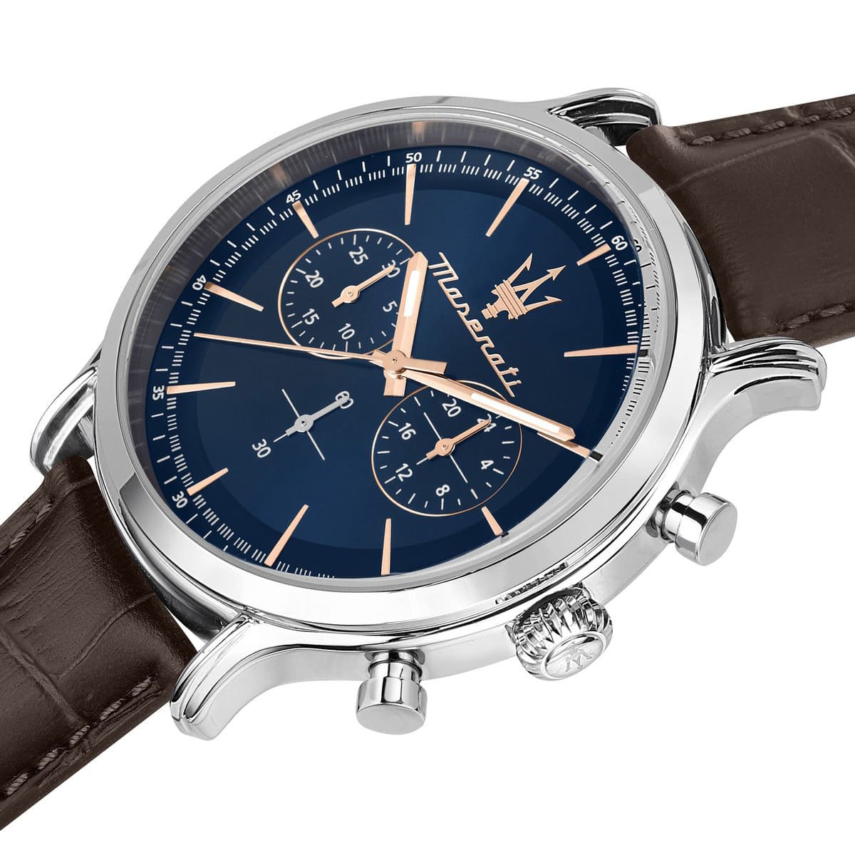 Close-up of Maserati Epoca blue dial with chronograph subdials, rose gold hands, and hour markers