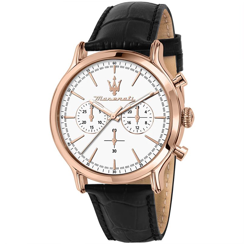 Maserati Epoca chronograph watch with white dial and rose gold case