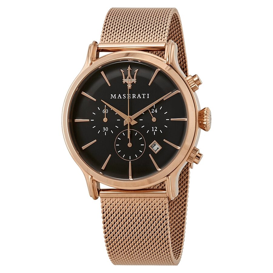 Maserati Epoca Chronograph watch with black dial, rose gold case, and rose gold mesh strap