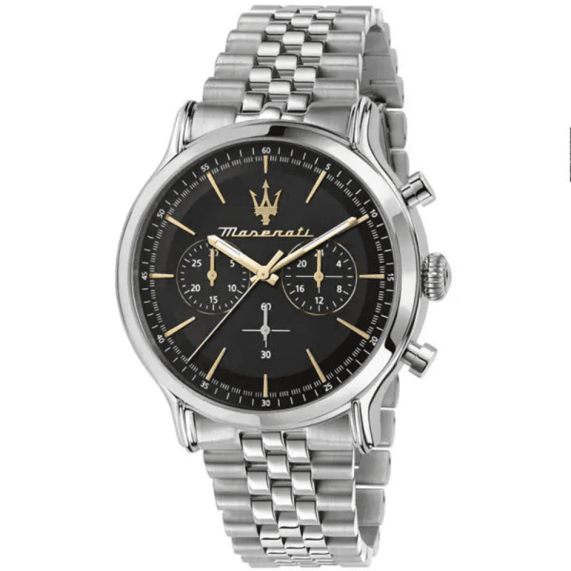 Maserati Epoca chronograph men's watch with black dial, silver steel case and bracelet strap