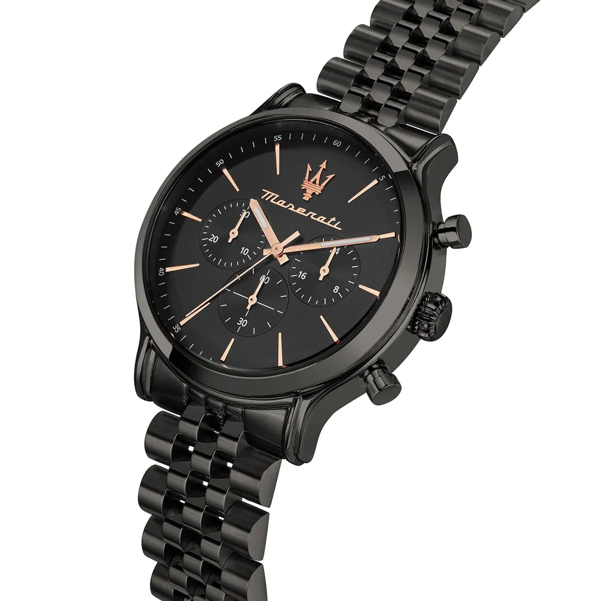 Maserati Epoca watch angled view showing black dial and metal bracelet detail