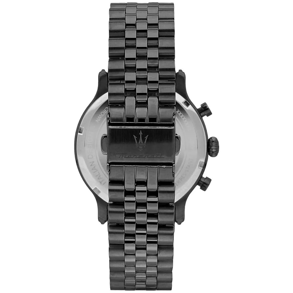 Maserati Epoca caseback showing transparent glass with Maserati trident logo
