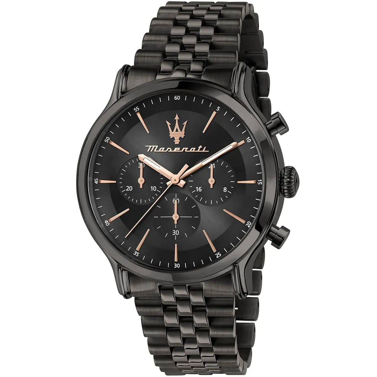 Maserati Epoca chronograph with black dial and rose gold accents on metal bracelet