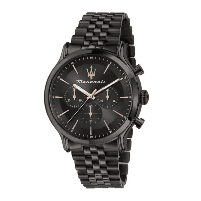 Maserati Epoca black dial quartz chronograph watch with stainless steel bracelet