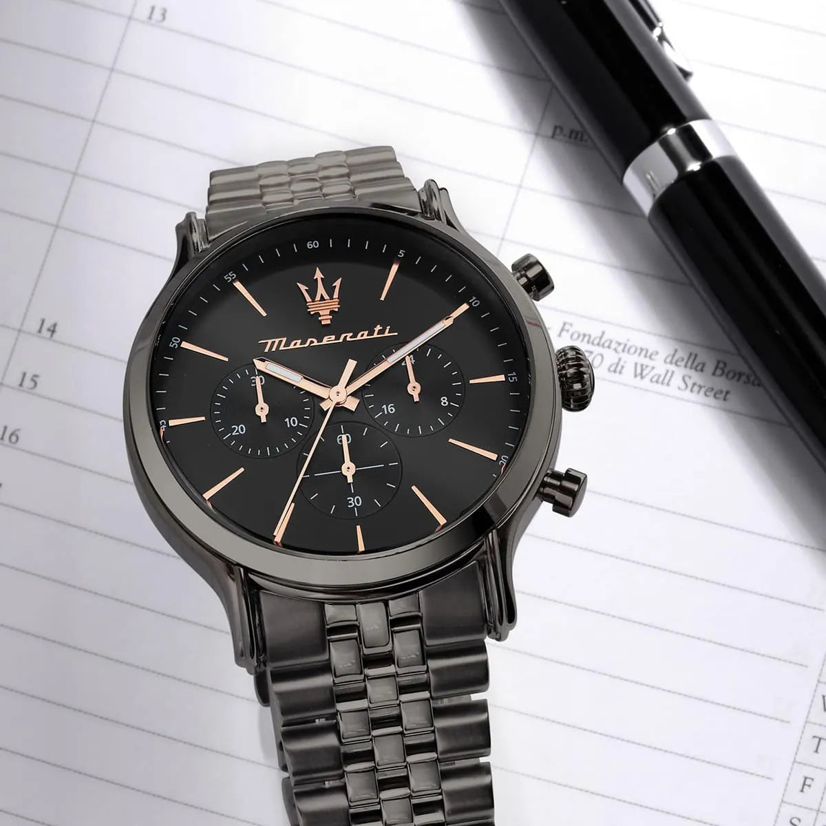 Maserati Epoca chronograph worn on wrist with black dial and rose gold hands