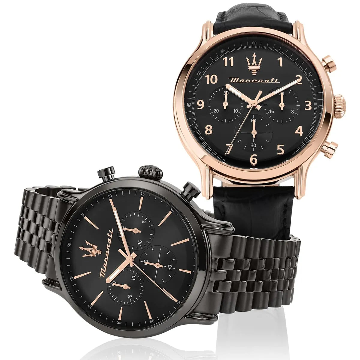 Maserati Epoca black chronograph and rose gold variant with leather straps