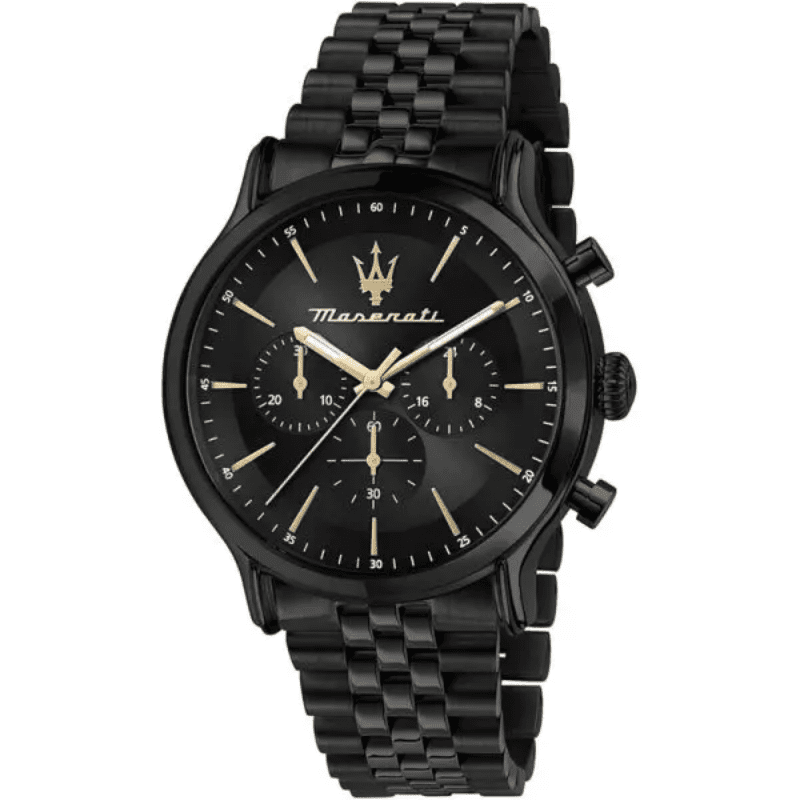 Maserati Epoca black dial chronograph watch with stainless steel bracelet