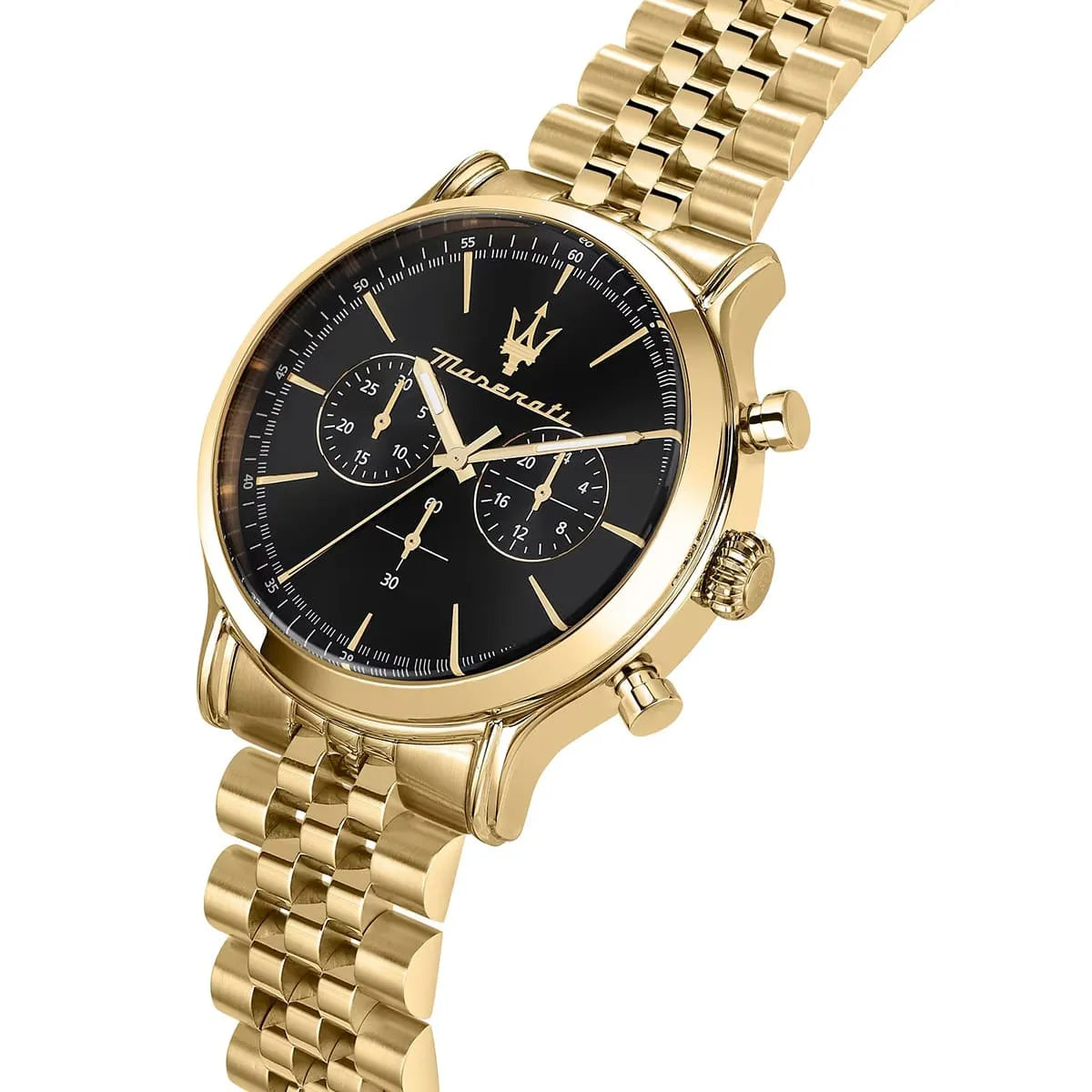 Angled view of Maserati Epoca gold chronograph with black dial and bracelet