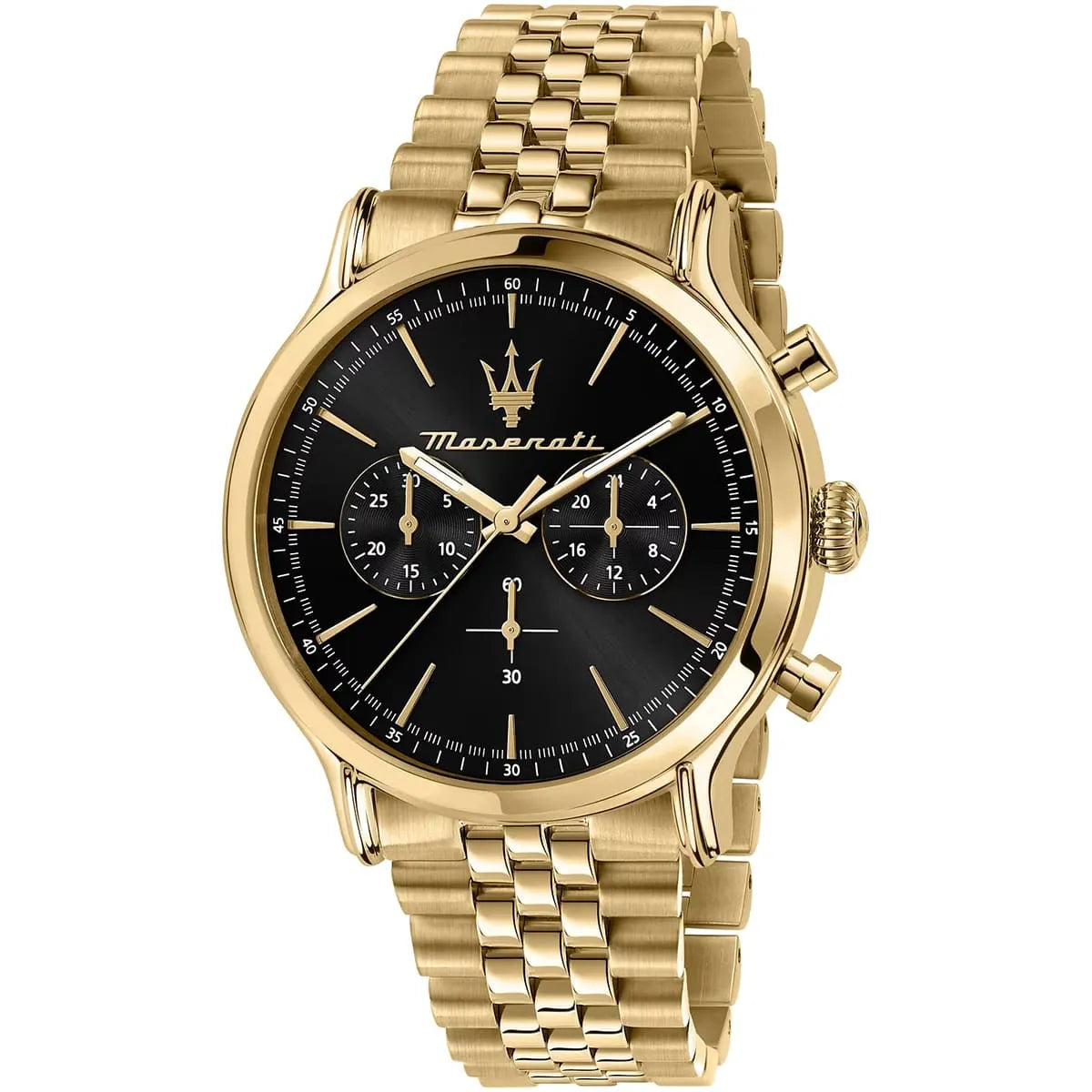 Maserati Epoca gold chronograph watch black dial with triple subdials
