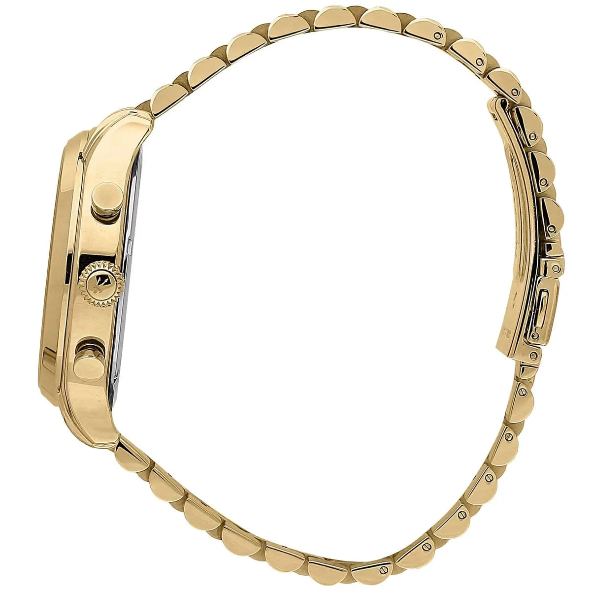Side profile of Maserati Epoca gold-tone watch with link bracelet