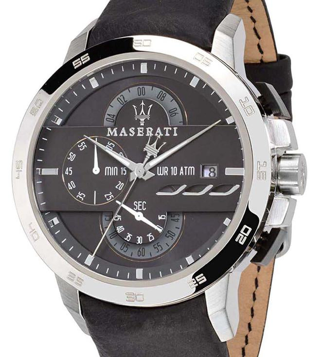 Close-up of dial showing chronograph subdials, Maserati logo, date window, and 10 ATM marking