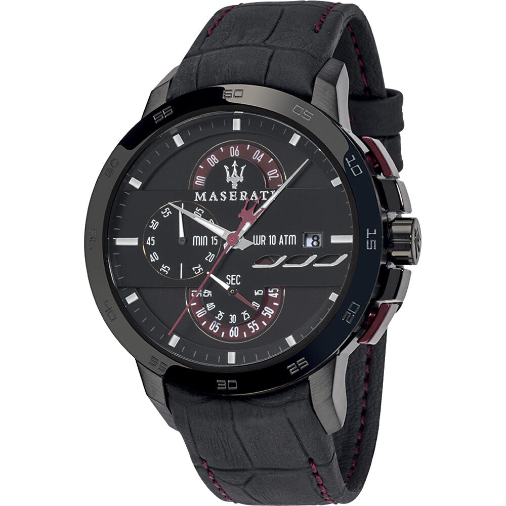 Maserati Ingegno chronograph watch with black dial and dual red subdials on black leather strap