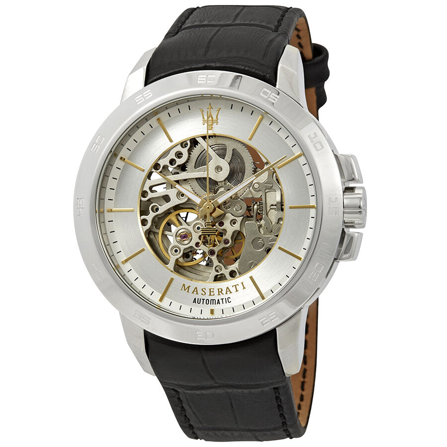 Maserati Ingegno automatic skeleton dial men's watch with stainless steel case and black leather strap