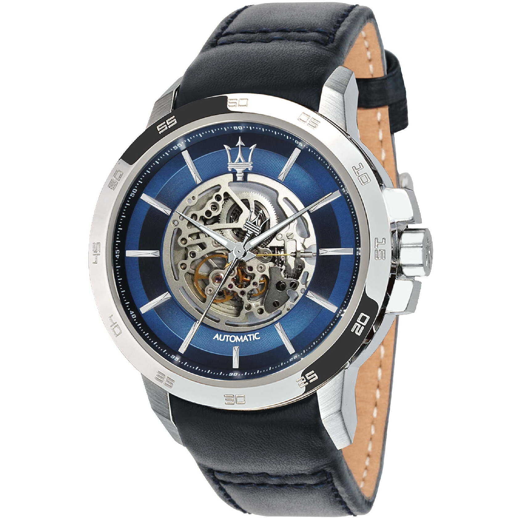 Maserati Ingegno automatic watch with blue open heart dial and visible movement