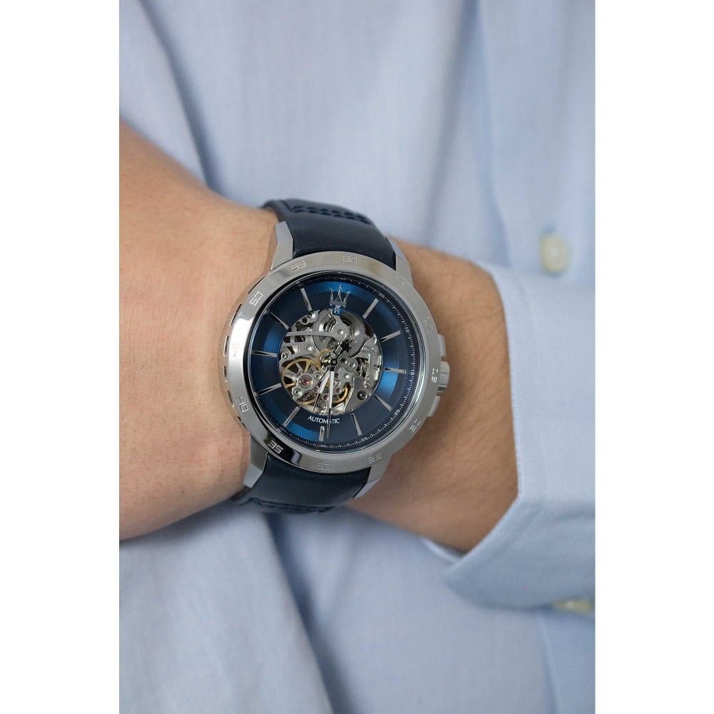Maserati Ingegno automatic watch with blue dial worn on wrist