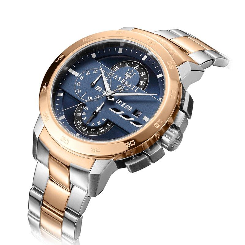 Maserati Ingegno chronograph men's watch angled view showing two-tone case and chronograph subdials
