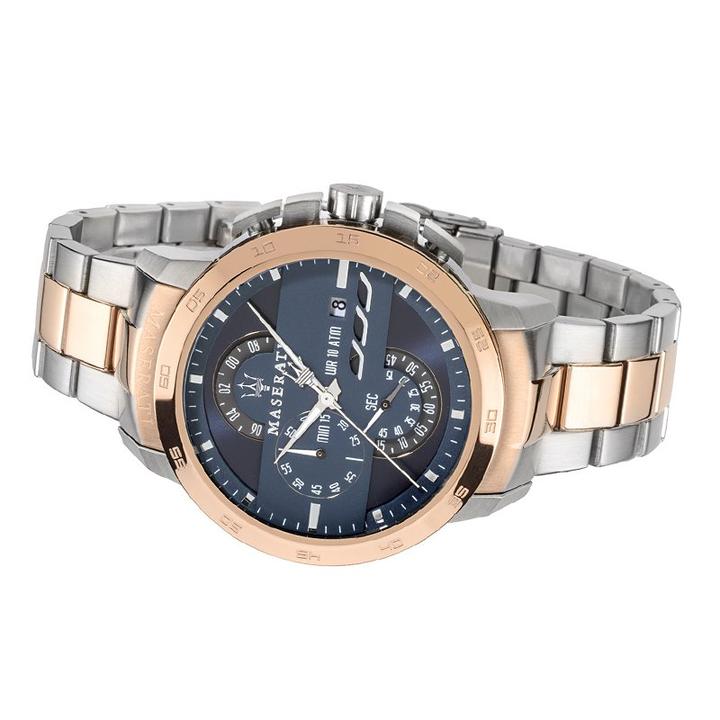Maserati Ingegno chronograph men's watch worn on wrist showing blue dial and mixed metal bracelet