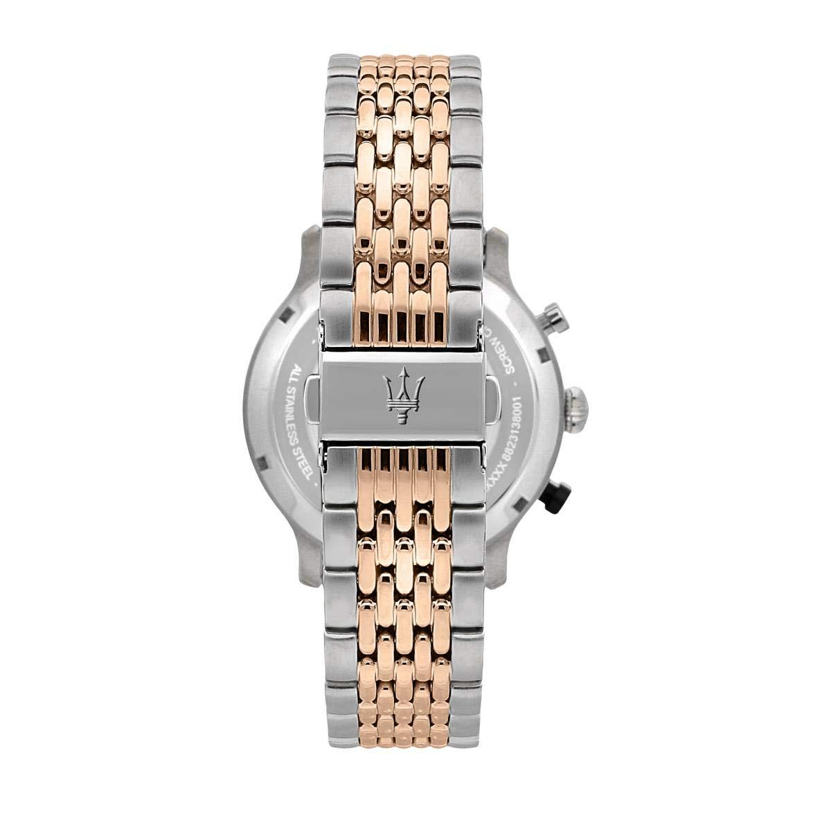 Maserati Legend watch caseback with Maserati trident logo and steel bracelet